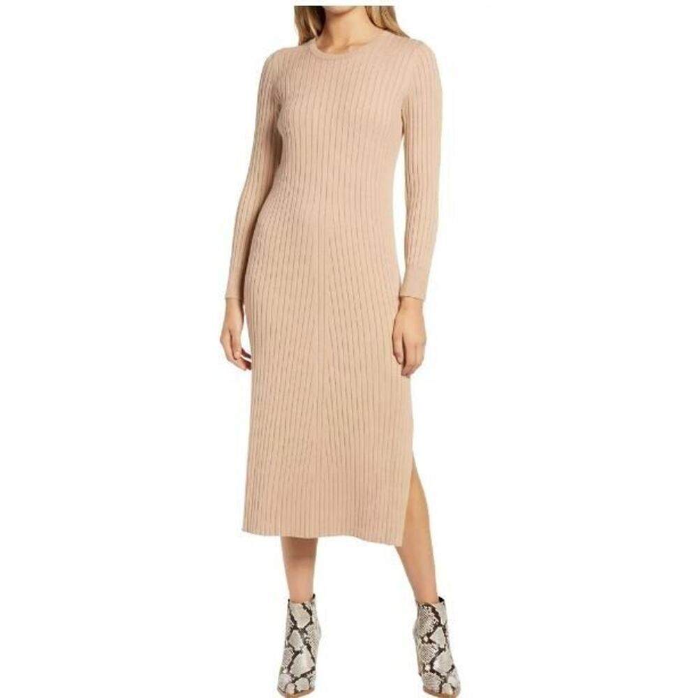 WAYF xBFF Hollie Tie‎ Back Long Sleeve Sweater Dress in Camel 2XS MSRP $79